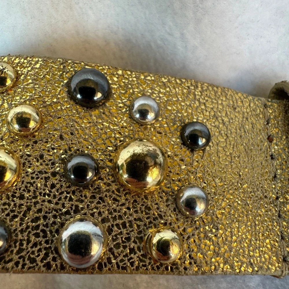 Per Se Gold Metallic Genuine Leather Studded Belt Small Glam Rock Edgy Festival